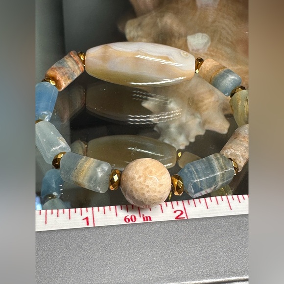 LEMURIAN AQUATINE BARRELS + MUSHROOM JASPER NATURAL STONES BRACELET size 7” - Picture 10 of 12